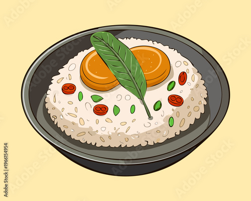 Steamed white rice topped with savory meat and vegetables served in a black ceramic bowl - Vector Illustration