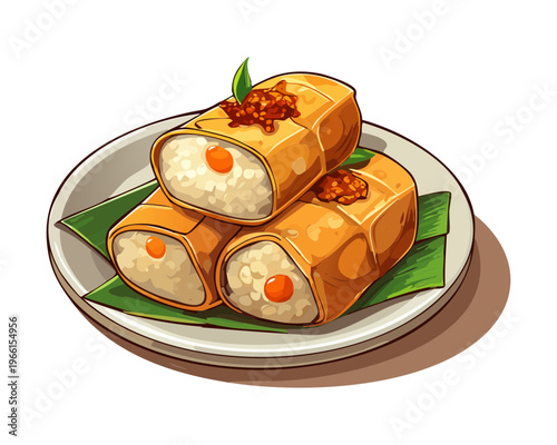 Sliced savory rice rolls wrapped in banana leaf showing meat filling served on a white plate - Vector Illustration