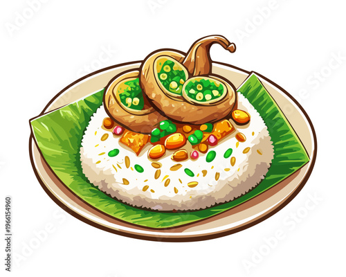 Steamed rice topped with savory meat and mushrooms served on a banana leaf for traditional meal - Vector Illustration
