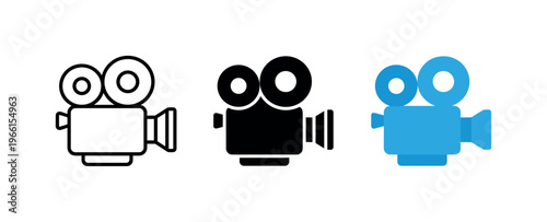 Classic film camera icons in outline, solid black, and blue styles