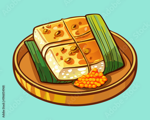 Savory pancakes wrapped in banana leaf topped with spicy meat and served on a wooden plate - Vector Illustration