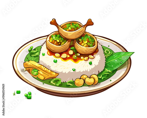 Traditional rice dish topped with savory meat and herbs served on a banana leaf for dinner - Vector Illustration