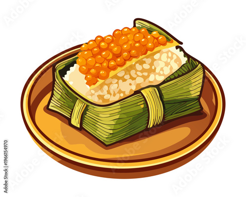 Steamed rice cake wrapped in banana leaf topped with savory fish eggs and fresh herbs - Vector Illustration
