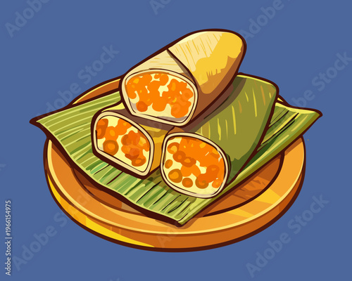 Sliced savory rice rolls wrapped in banana leaf showing colorful meat filling on a yellow plate - Vector Illustration