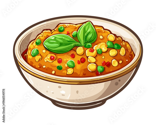 Savory meat and vegetable stew with thick orange broth served in a white ceramic bowl - Vector Illustration