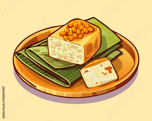 Steamed savory snacks topped with fish eggs and served on a banana leaf for appetizer - Vector Illustration