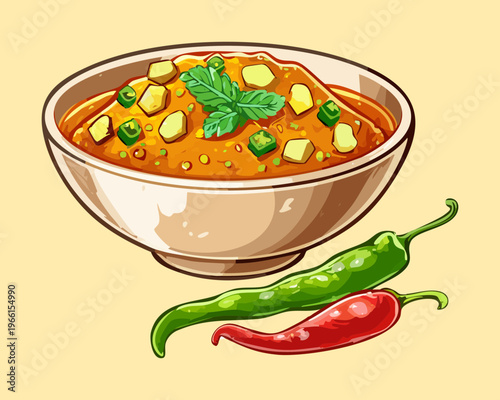 Spicy meat and vegetable soup with orange broth and fresh green chili on a plate - Vector Illustration