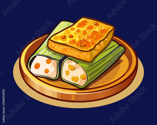 Sliced savory pancakes filled with meat and vegetables served with tofu on a blue plate - Vector Illustration