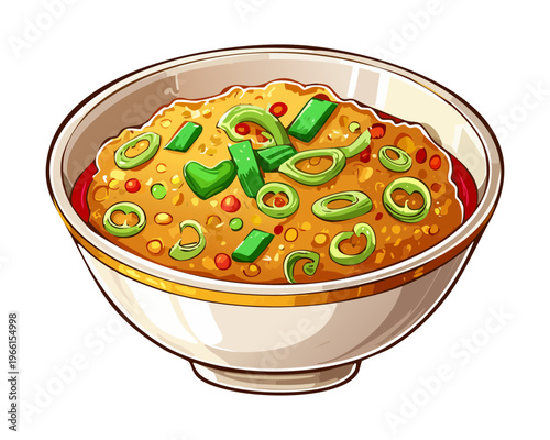 Savory meat and vegetable stew with thick broth and fresh green herbs in white bowl - Vector Illustration
