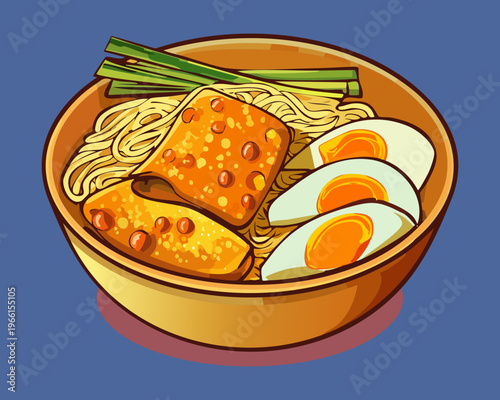 Spicy laksa soup with noodles boiled egg and tofu served in a blue bowl for dinner - Vector Illustration