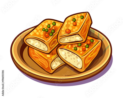 Sliced savory omelet served on a wooden plate with spicy sambal sauce for a traditional breakfast dish - Vector Illustration