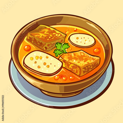 Hearty bowl of laksa soup with noodles and various toppings for a traditional southeast asian meal - Vector Illustration