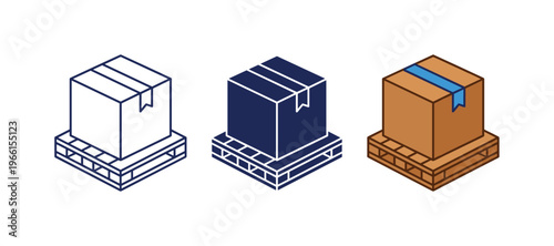 Three isometric icons of boxes stacked on wooden pallets for shipping and logistics