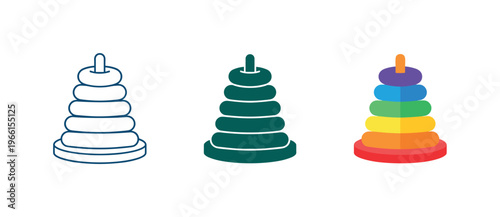Set of stacking ring toys in outline, solid, and colorful styles
