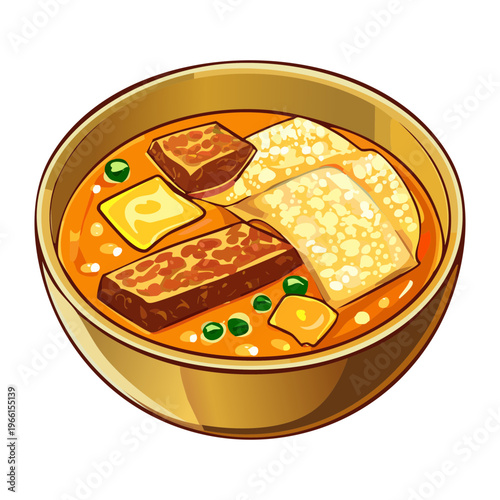 Savory beef noodle soup with green vegetables served in a ceramic bowl for a healthy dinner - Vector Illustration