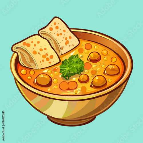 Creamy curry soup with noodles and crispy tofu skin served in a bowl for a spicy meal - Vector Illustration