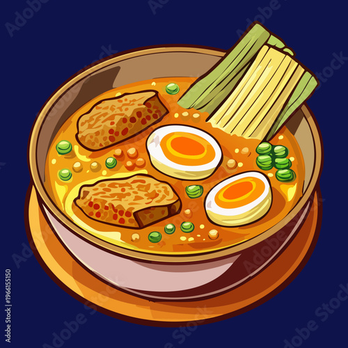 Traditional curry noodles with boiled egg and meatballs served in a dark bowl for a spicy dinner - Vector Illustration