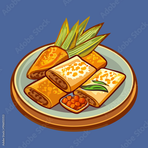Savory fried spring rolls filled with vegetables served on a blue plate for a crispy snack - Vector Illustration