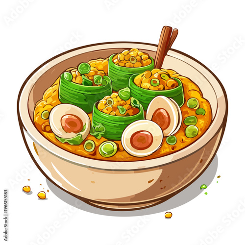 Hearty bowl of noodle soup with boiled egg and green vegetables for a traditional lunch - Vector Illustration