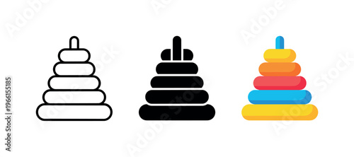 Set of stacking ring toy icons in outline, solid black, and colorful styles