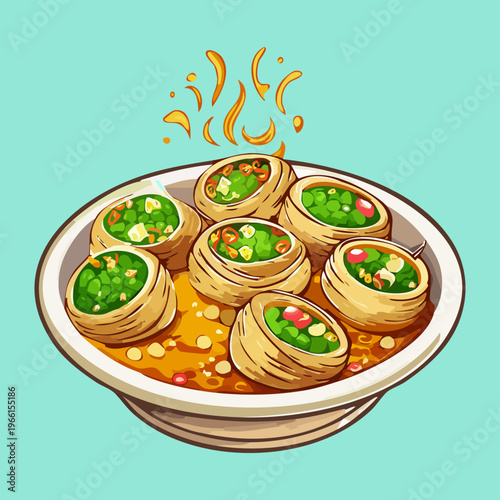 Traditional asian dumplings in a spicy broth served in a bowl for a tasty appetizer - Vector Illustration