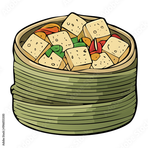 Steamed tofu cubes served in a banana leaf bowl for a healthy traditional vegetarian meal - Vector Illustration