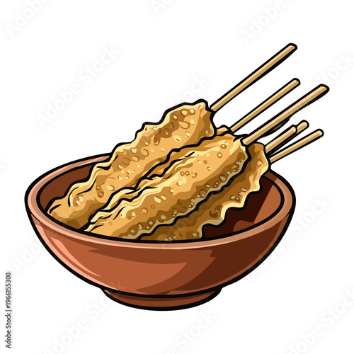 Traditional grilled chicken skewers served in a bowl for a delicious and savory asian meal - Vector Illustration