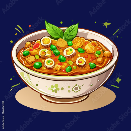 Spicy vegetable curry with green peas and herbs served in a traditional ceramic bowl - Vector Illustration
