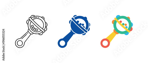 Collection of baby rattle icons showing different styles and colors