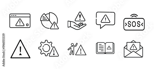Security warning and alert signs outline icon set featuring siren hazard signal and triangle danger for protection notification more vector illustration on editable stroke.