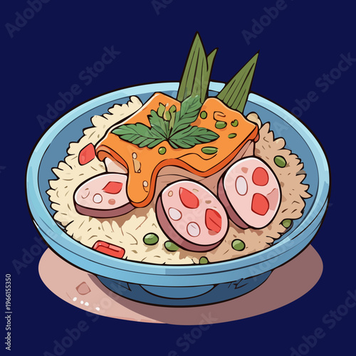 Traditional rice bowl with savory meat and vegetables served for a delicious and healthy meal - Vector Illustration