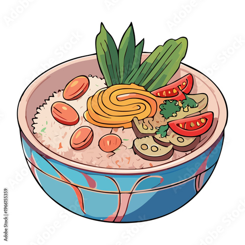 Traditional rice bowl with boiled eggs and herbs served for a simple and healthy meal - Vector Illustration