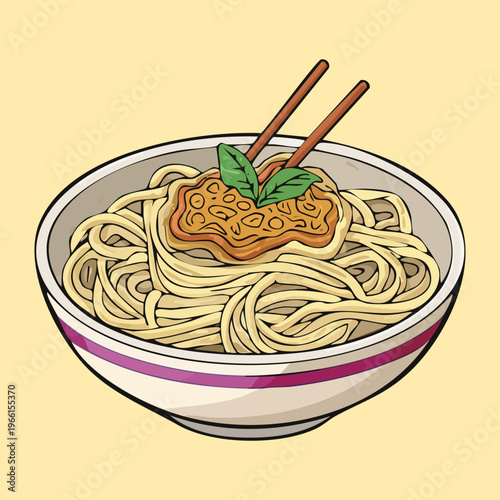 Savory noodle bowl with chopsticks for a traditional and comforting asian meal experience for dinner - Vector Illustration