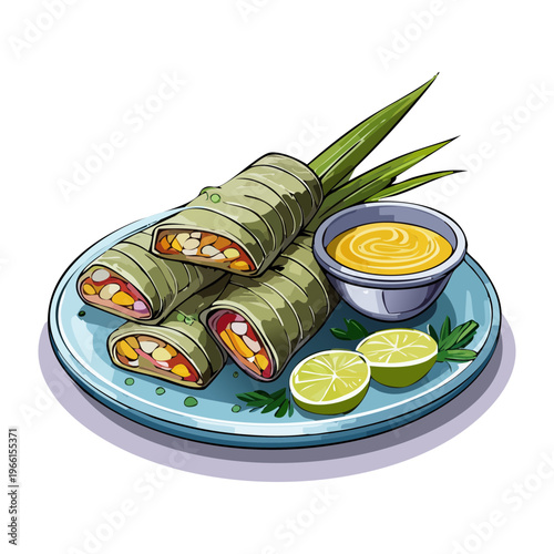 Crispy spring rolls served with savory dipping sauce on a plate for a traditional snack - Vector Illustration