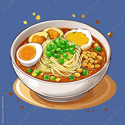 Traditional ramen bowl with boiled eggs and green onions served for a delicious spicy meal - Vector Illustration
