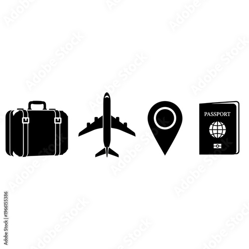 Travel planning concept with suitcases, airplane, location pin, and boarding pass on light background