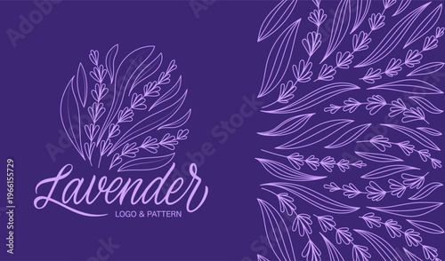 Lavender Line Art Card Design with Logo, and Pattern, Hand-Drawn Botanical