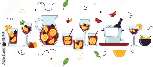 Fruit Punch and Sangria Drink Set with Glasses, Pitcher, Ice, Berries, Citrus, and Refreshing Cocktail Elements for Summer Party and Beverage Design