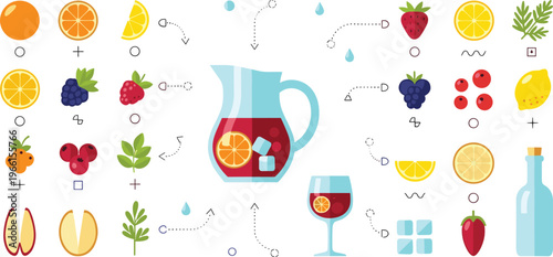 Fruit Cocktail Preparation Vector Set with Sangria Ingredients, Fruits, Water, Ice Cubes, and Glass for Refreshing Beverage Design and Summer Drink Recipes