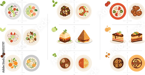 Food Dish Presentation Vector Set with Gourmet Meals, Desserts, Layer Cakes, Plated Cuisine, and Restaurant Style Menu Items for Culinary Design