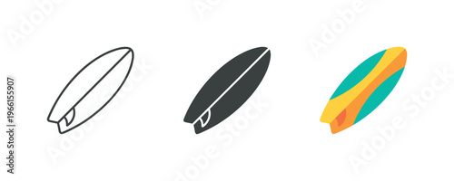 Collection of surfboard icons in outline, solid, and colorful flat design styles