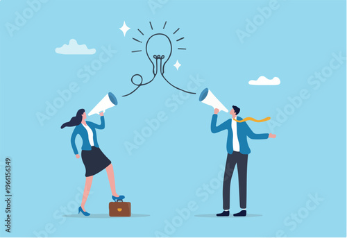 Communication message, announcement or conversation to communicate idea, information or discussion speech, advertising strategy, speaking or talk concept, business people talk on megaphone