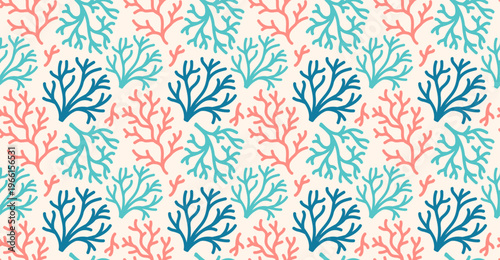 Coral reef and seaweed seamless pattern, underwater with coral and algae, hand-drawn coastal