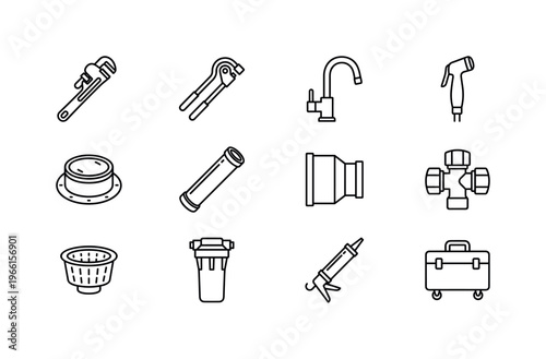 Collection of plumbing tools and supplies in a clean, modern line art style