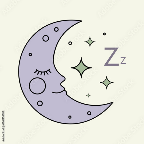 Sleeping crescent moon with stars and Zzz symbol for nighttime rest