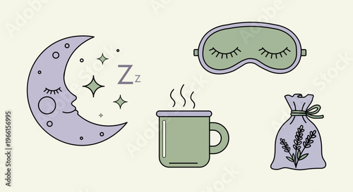 Cozy bedtime routine elements: sleeping moon, eye mask, hot drink, and lavender sachet