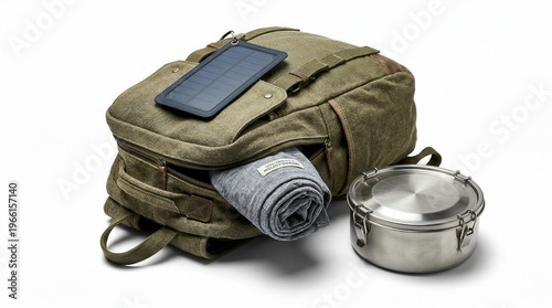 Wallpaper Mural Green canvas backpack with solar charger and camping kit on white background Torontodigital.ca