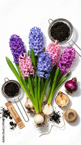 Wallpaper Mural Hyacinths bulbs with gardening tools and soil arranged on white background Torontodigital.ca