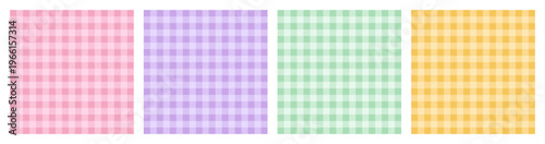 A seamless gingham pattern set. Vichy checkered background in pink, purple, green, orange colors