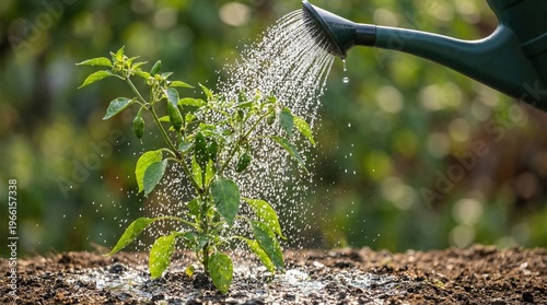 Wallpaper Mural Young plant watered by green watering can with sunlight and water droplets Torontodigital.ca